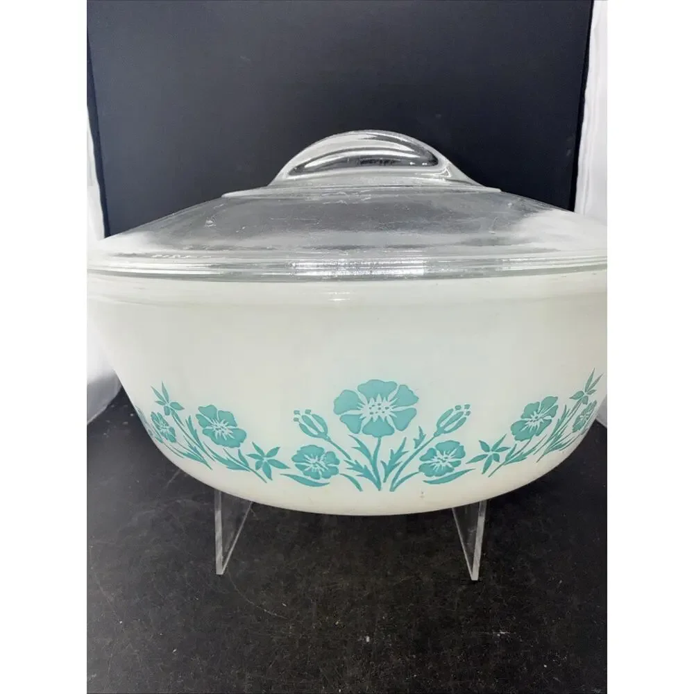 Vintage Glasbake J-2424 Turquoise Floral Round Casserole Dish w Glass Lid USA